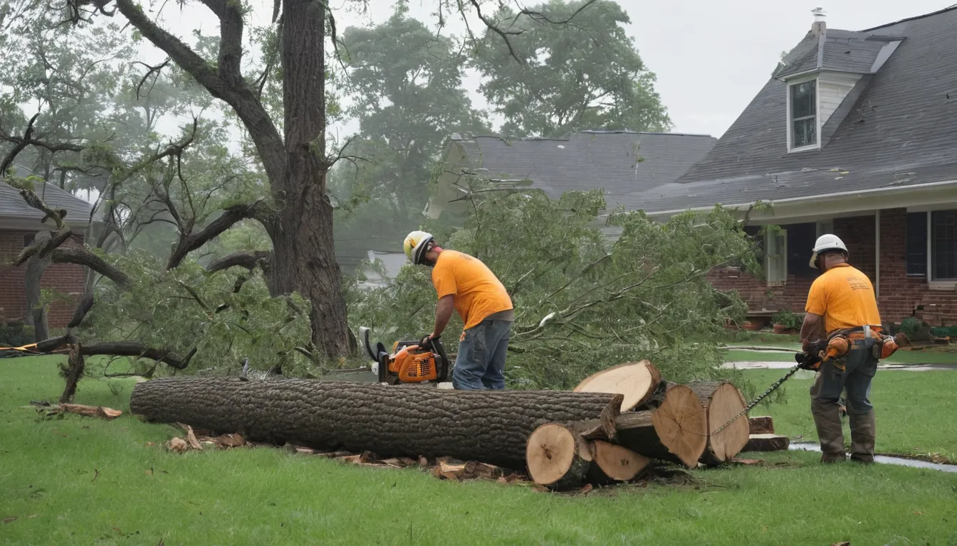 Provider crew clearing a fallen tree from a home's yard after a storm in Jonesboro