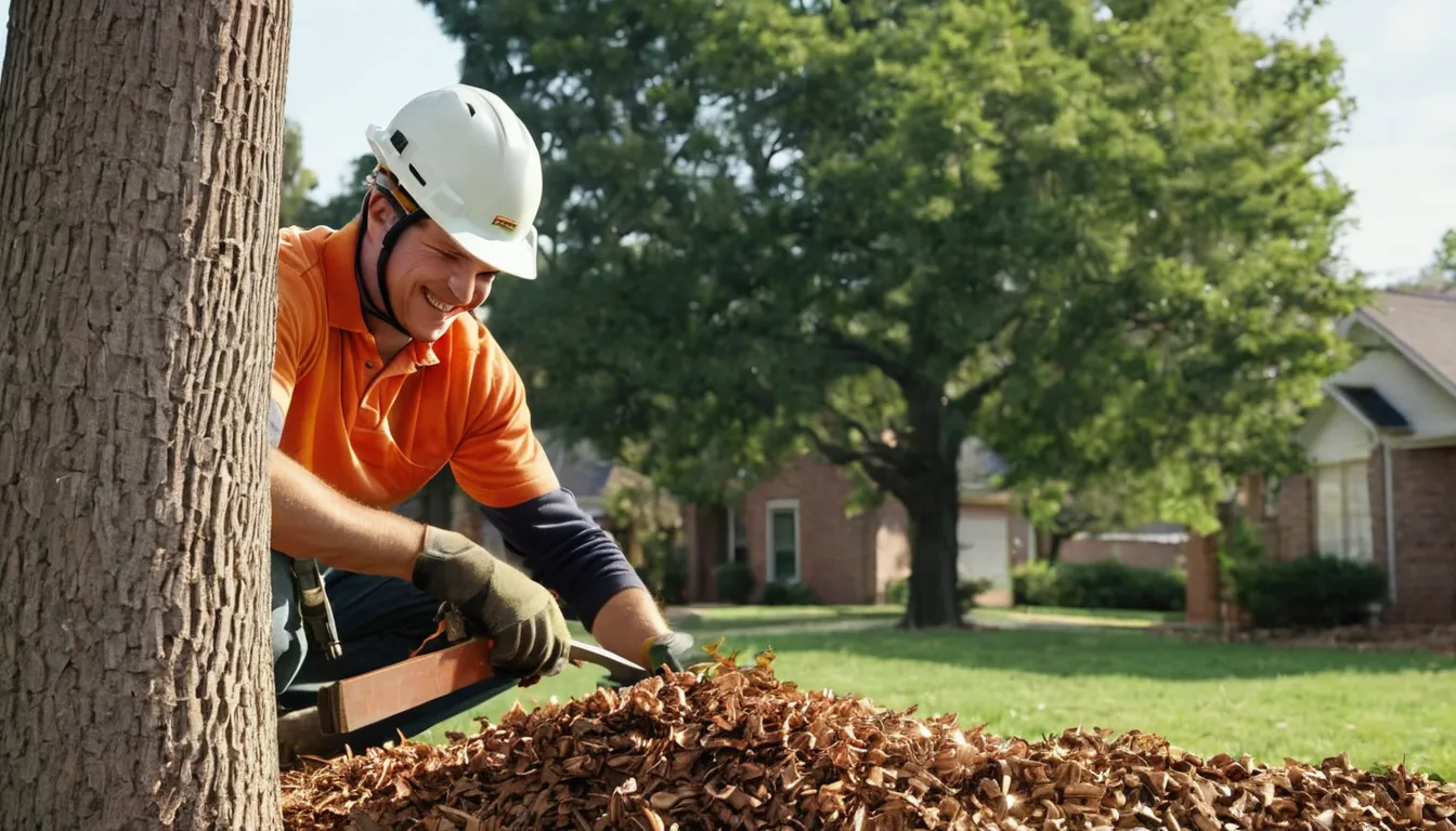 A tree removal provider working safely on a large backyard tree near a home in Jonesboro