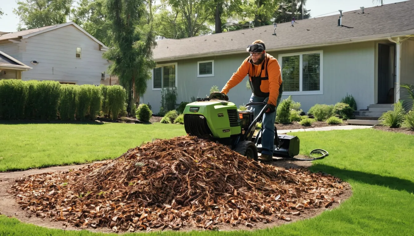 Provider grinding a tree stump in a Jonesboro backyard with wood chips flying